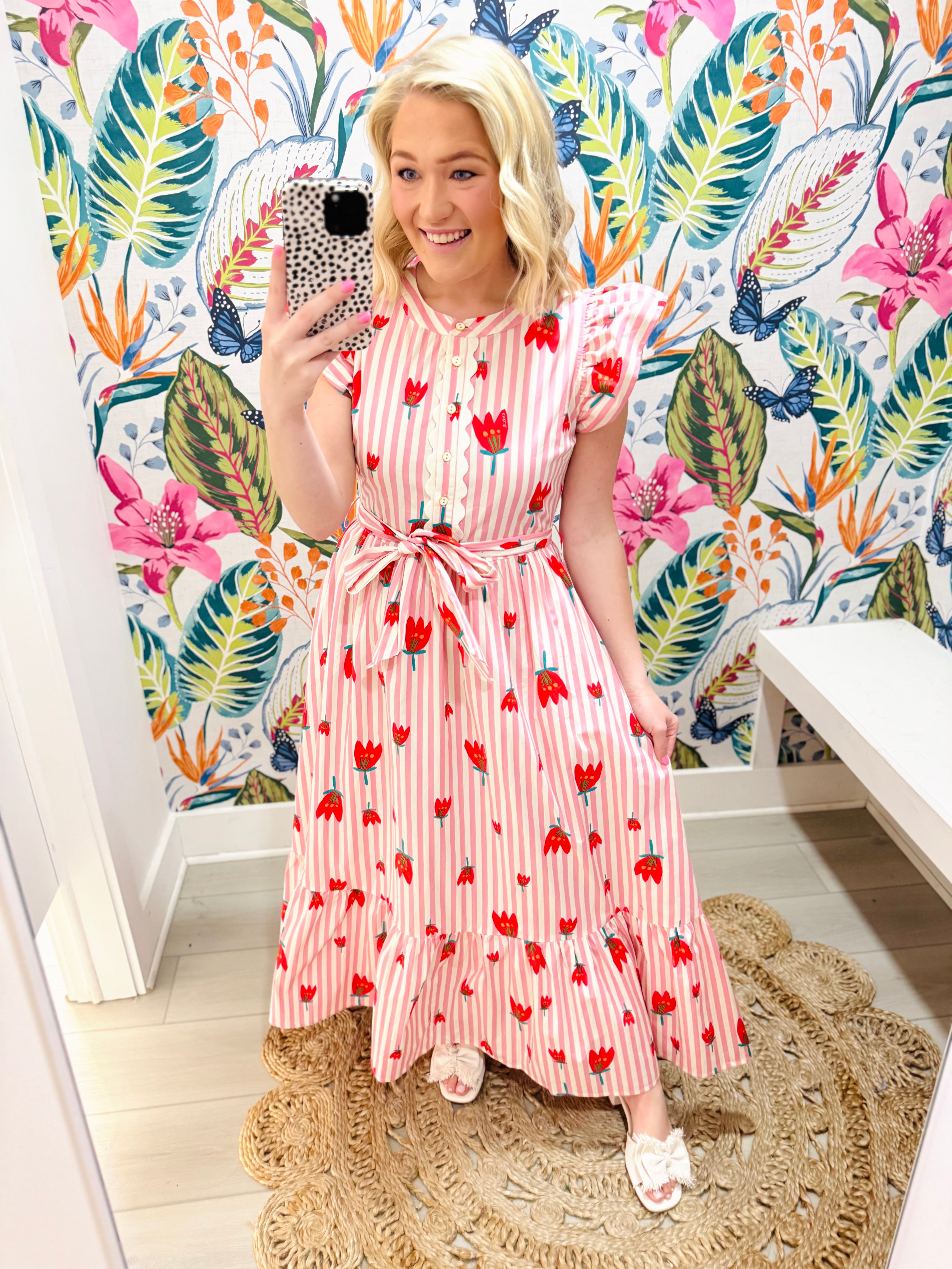 Stripe Poppy Ruffle Sleeve Maxi Dress | KARLIE