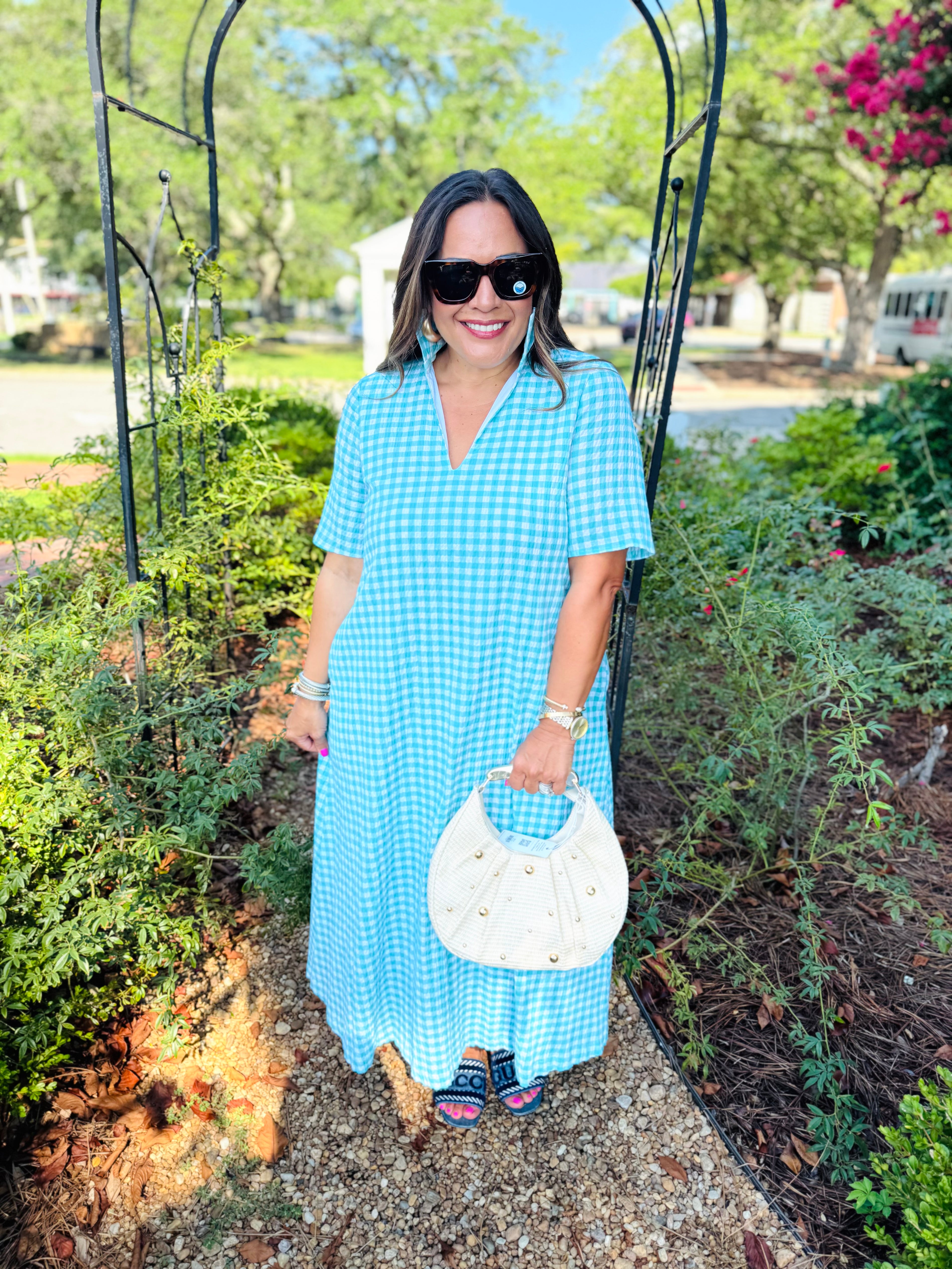 Adrienne Audrey Dress in Aqua Seersucker Gingham