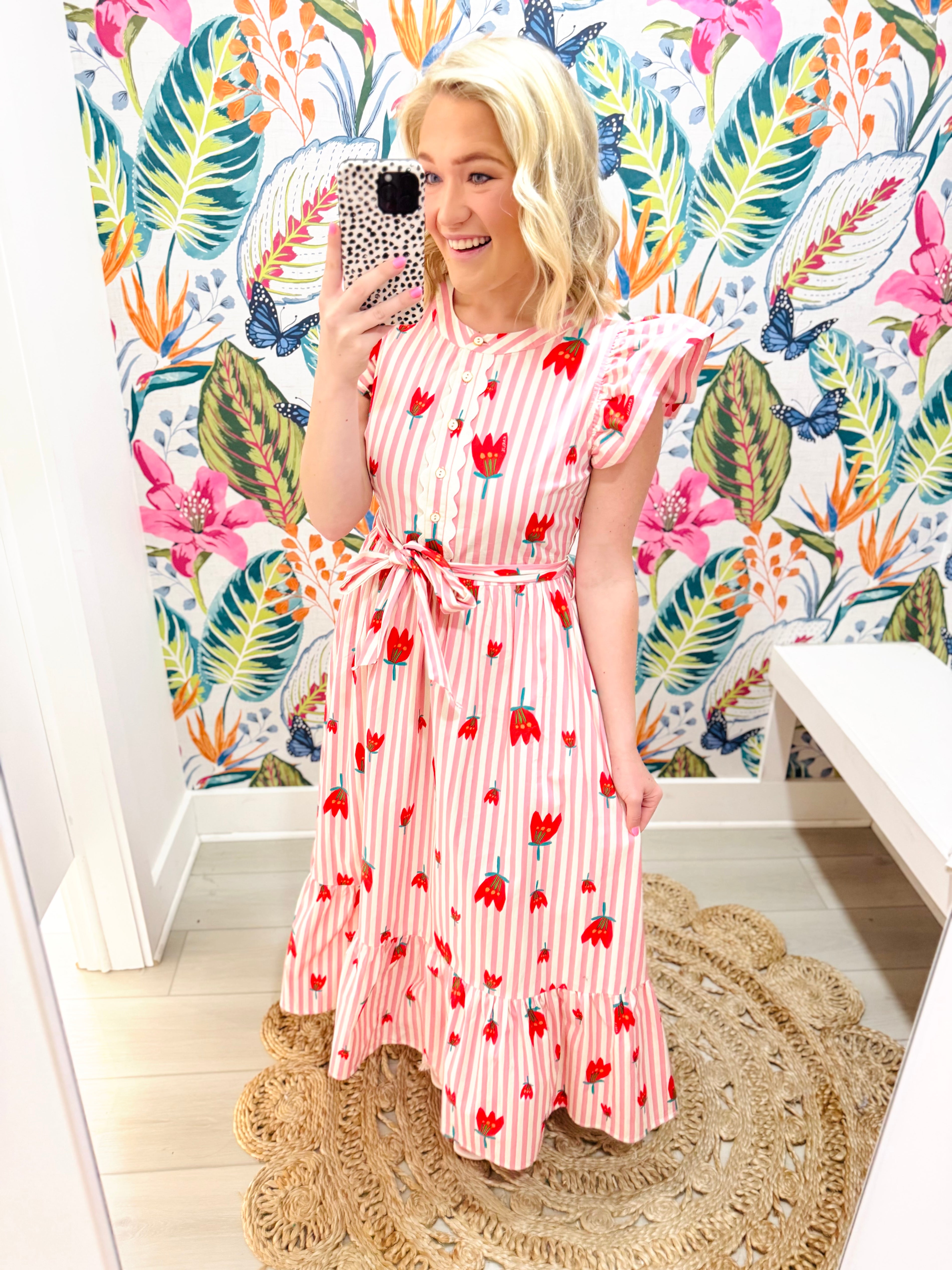 Stripe Poppy Ruffle Sleeve Maxi Dress | KARLIE