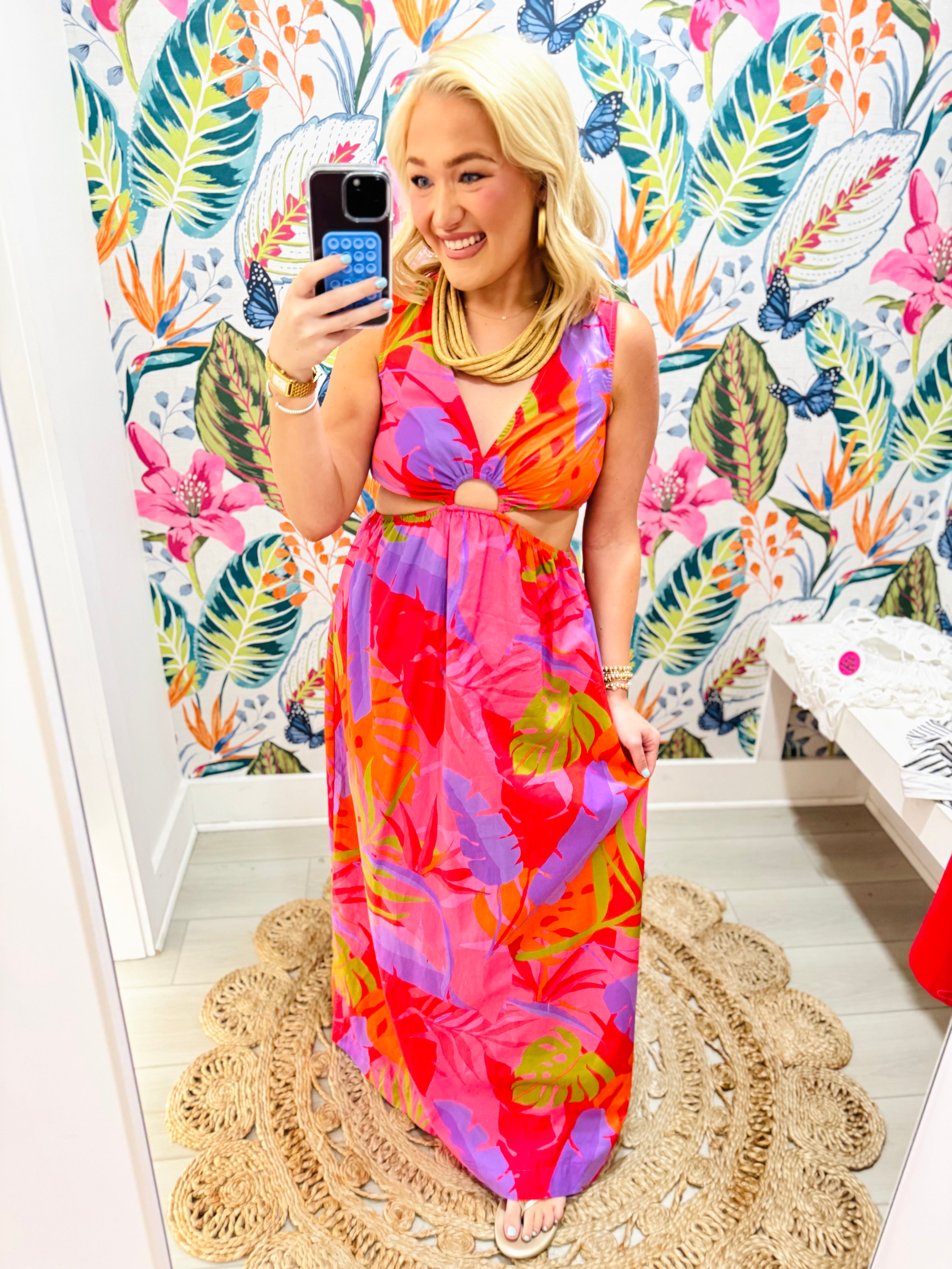 Tropical V-Neck Cut Out Maxi Dress | KARLIE