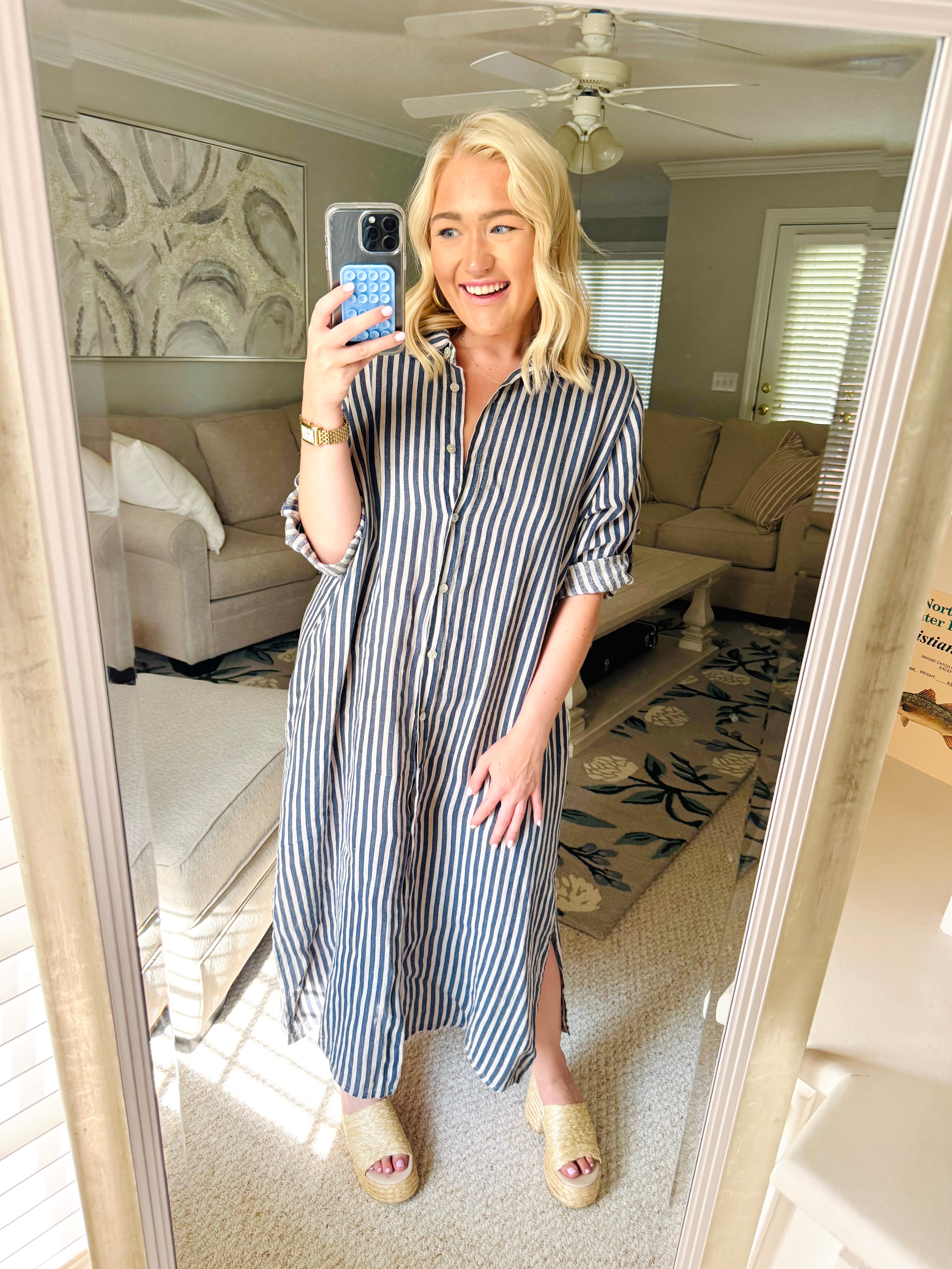 Coastal Chic Linen Dress in Sand/Navy