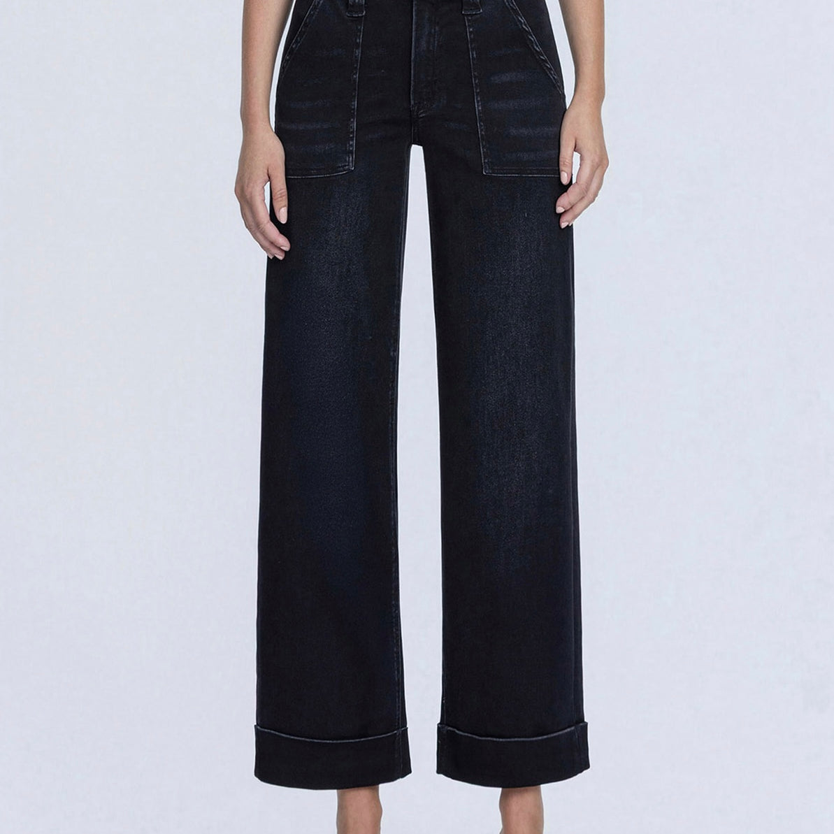 High Rise Elastic Waist Band Cuffed Baggy Wide Leg Jean by Vervet