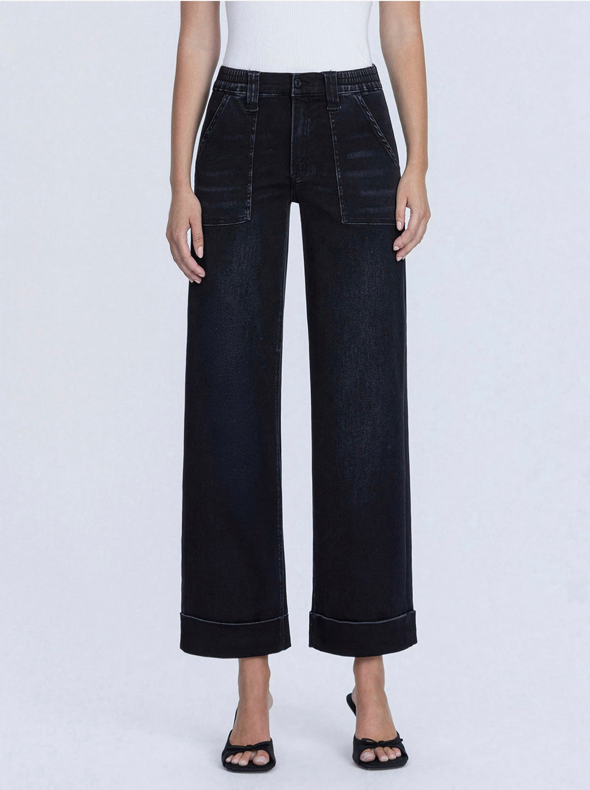 High Rise Elastic Waist Band Cuffed Baggy Wide Leg Jean by Vervet