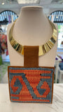 ORIJINAL Shiny Brass Pendant Necklace - Orange, Blue Patch