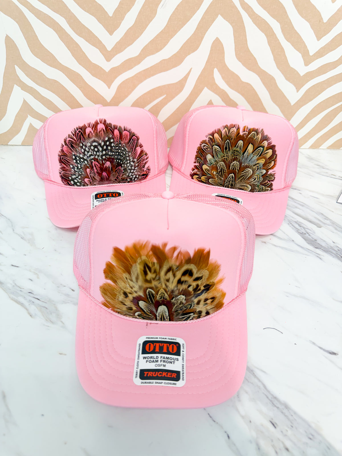 Feather Trucker Hat - Pink (3 Colors)