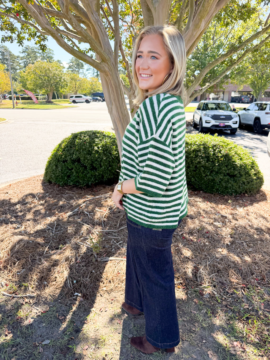 Wool Short Sleeve Striped Button Up Sweater in Dark Green