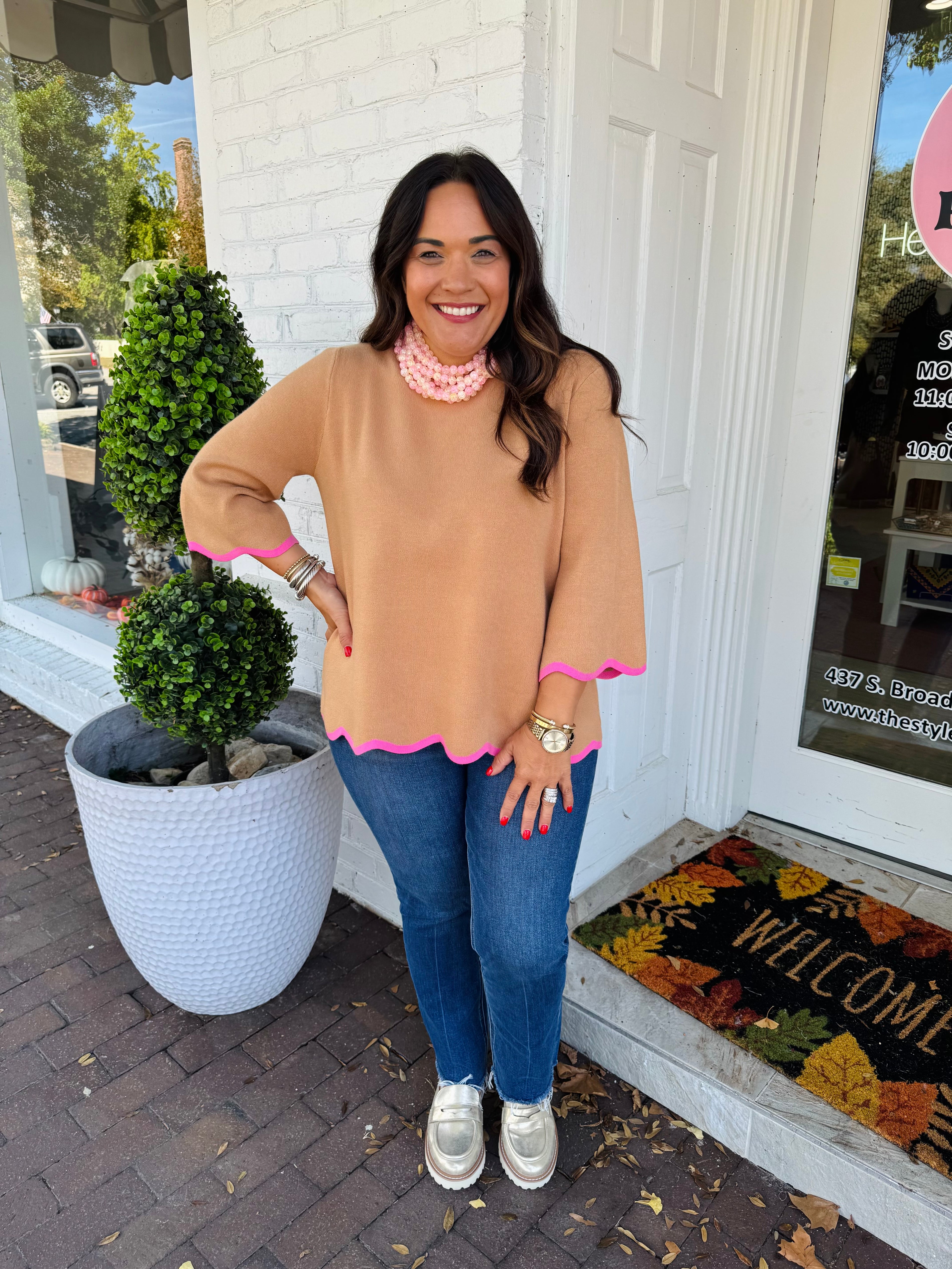 Morgan Mock Neck in Camel/Pink