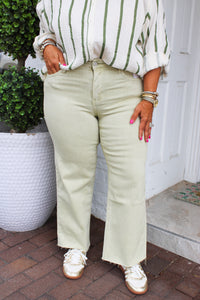 High Rise Olive Color Crop Wide Leg Jeans Vervet