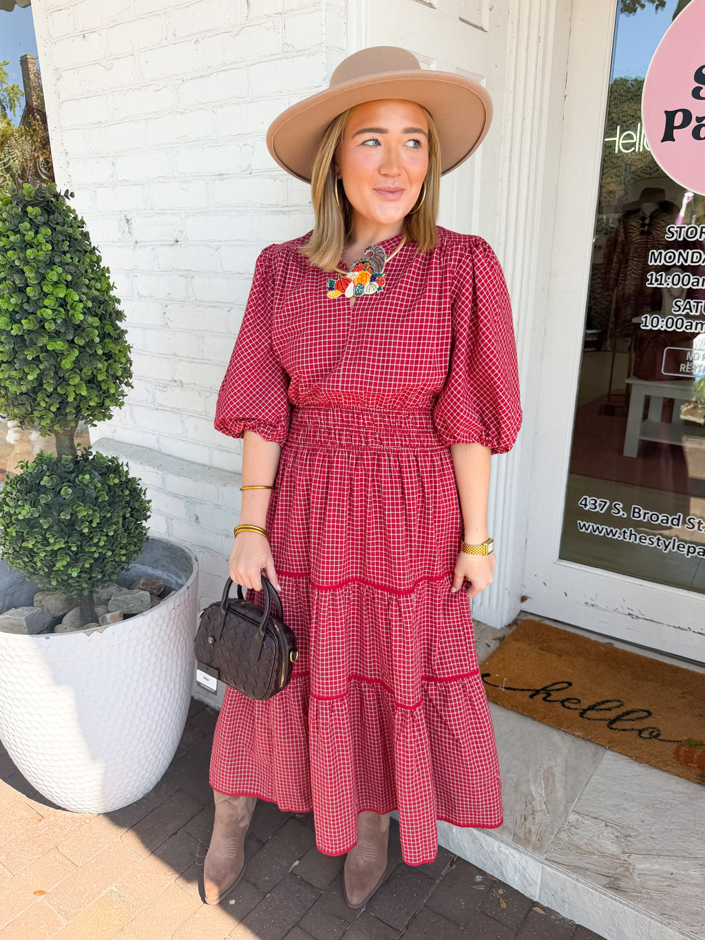 Plaid Split Neck Tiered Midi Dress in Crimson