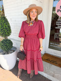 Plaid Split Neck Tiered Midi Dress in Crimson