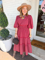 Plaid Split Neck Tiered Midi Dress in Crimson