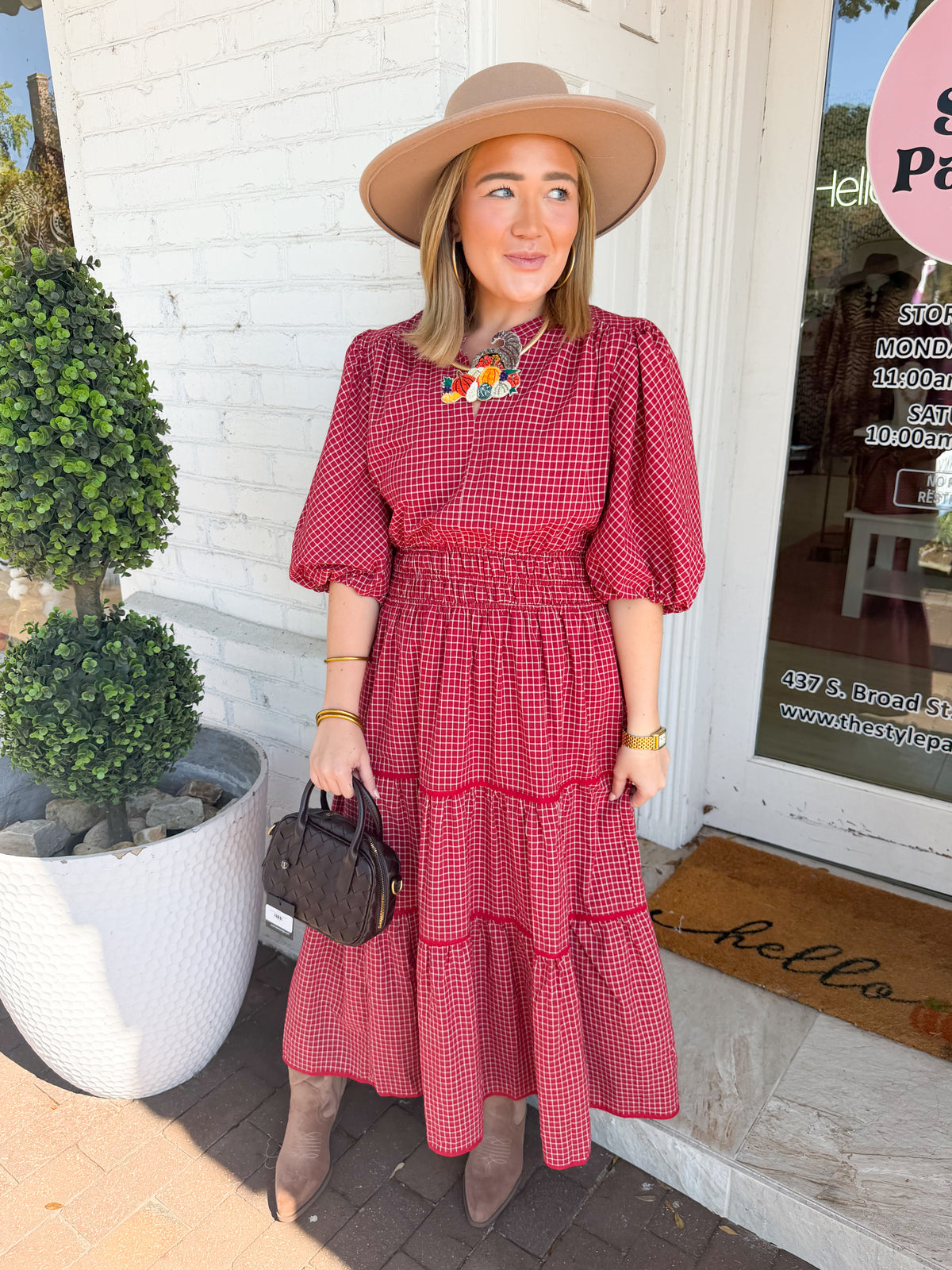 Plaid Split Neck Tiered Midi Dress in Crimson