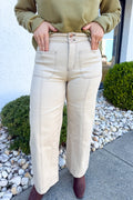 Contrast Trimming Wide Leg Denim in Bone