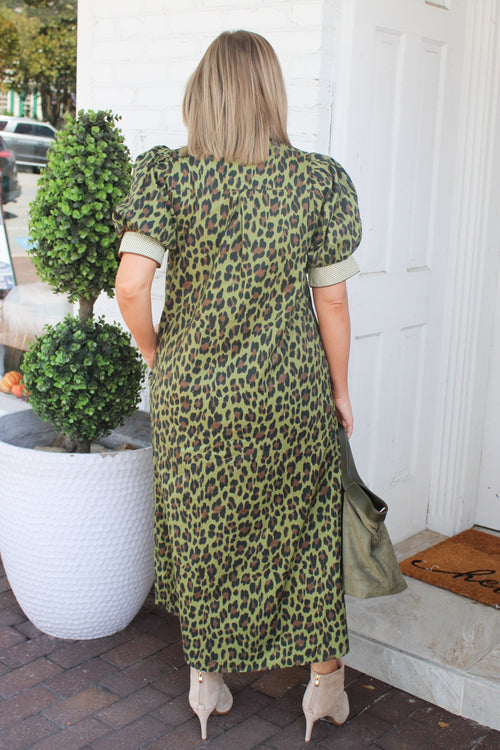 Amazon Forest Leopard Puff Sleeve Midi Dress in Olive