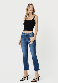 High Rise Raw Hem Dark Wash Kick Flare Jeans Vervet
