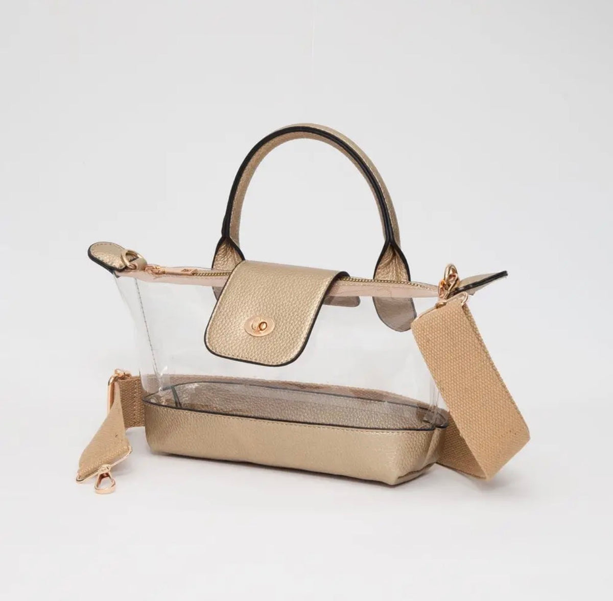 Top Handle/Crossbody Stadium Bag in Gold/Clear