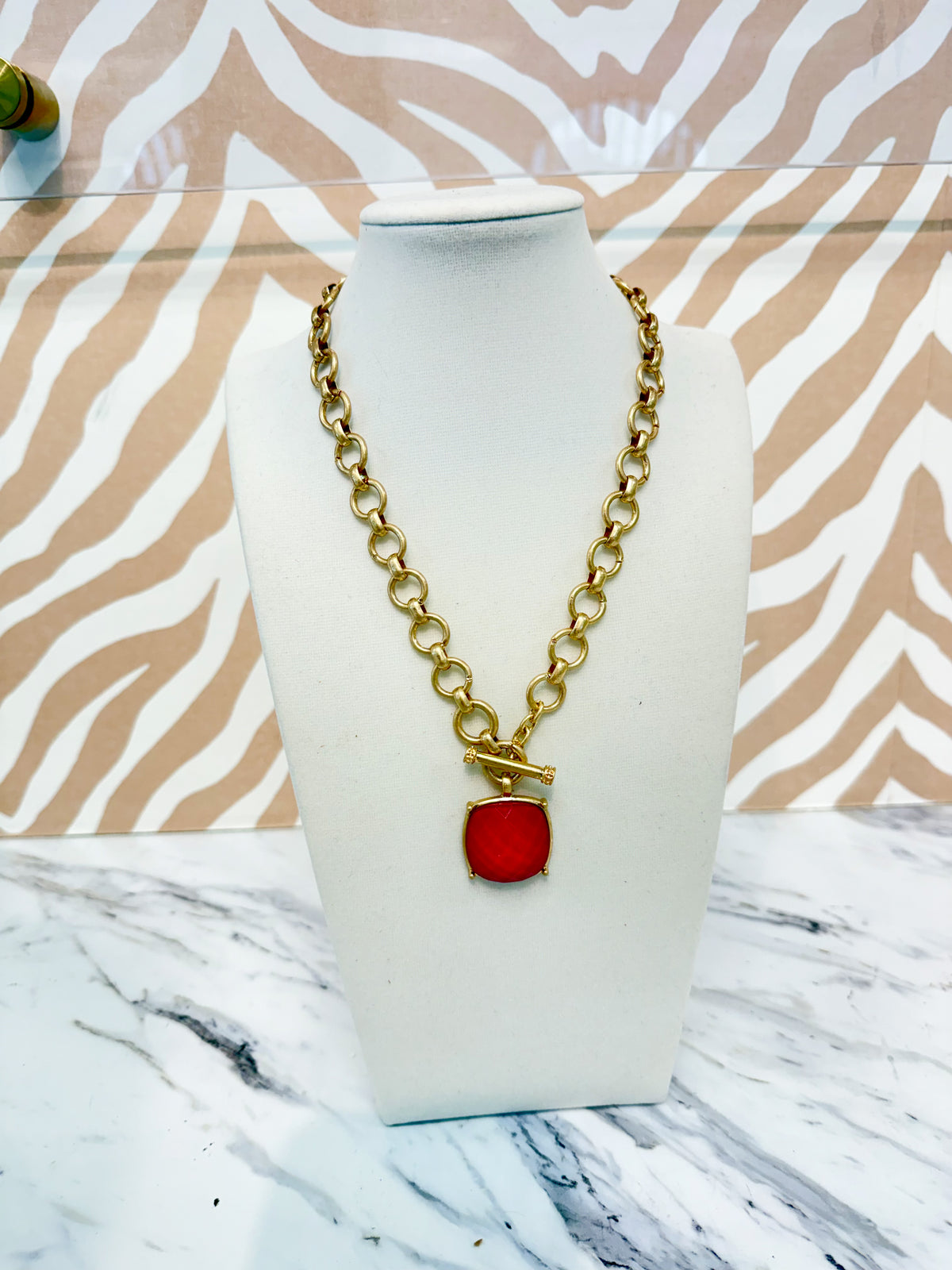 Gold Linked Chain Necklace with Marble Stone -  Hot Pink