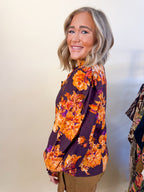 Floral Print Ruffle Long Sleeve Blouse in Pumpkin
