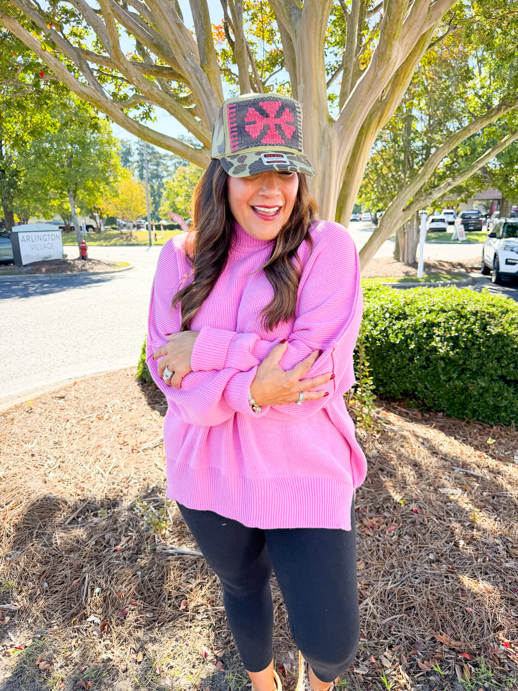 Side Slit Mockneck Long Sleeve Knit Sweater in Candy Pink