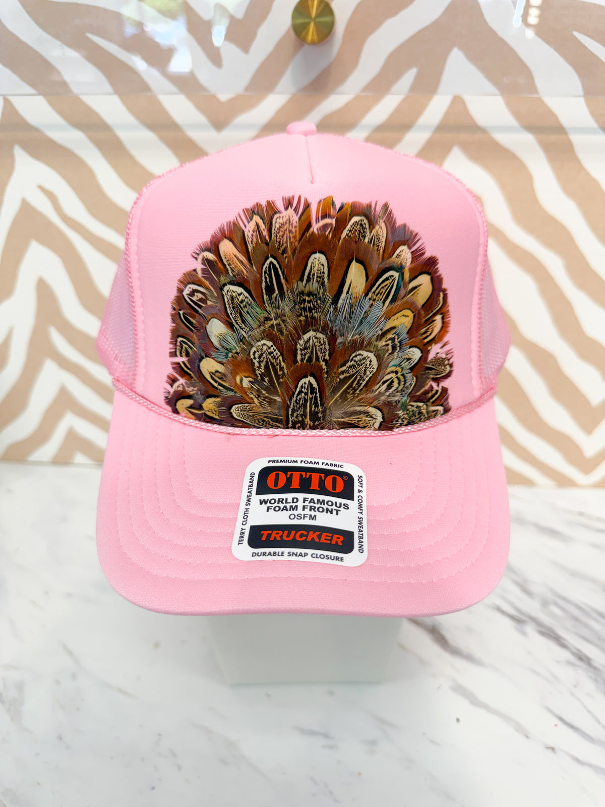 Feather Trucker Hat - Pink (3 Colors)