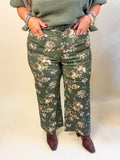 Floral Print Stretch Denim in Olive