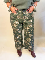 Floral Print Stretch Denim in Olive