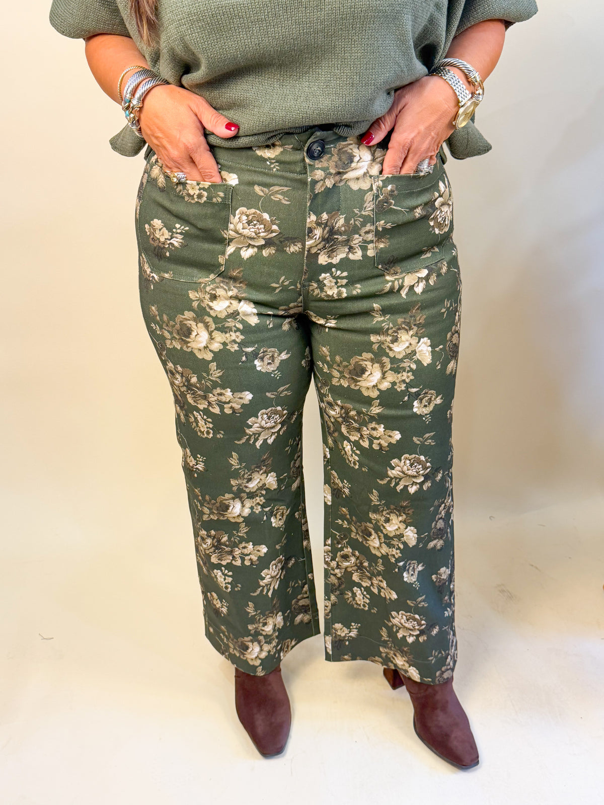 Floral Print Stretch Denim in Olive