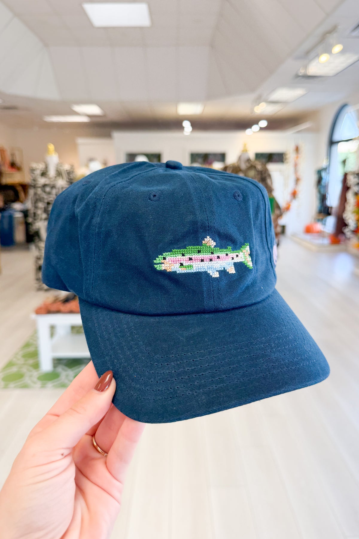 Swimming Fish Embroidered Waxed Canvas Baseball Cap in Blue