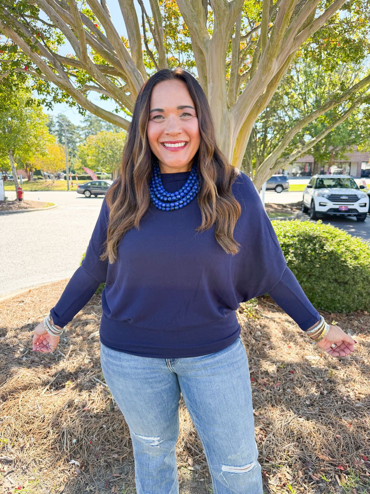 Lightweight Batwing Sleeve Boat Neck Sweater in Dark Navy