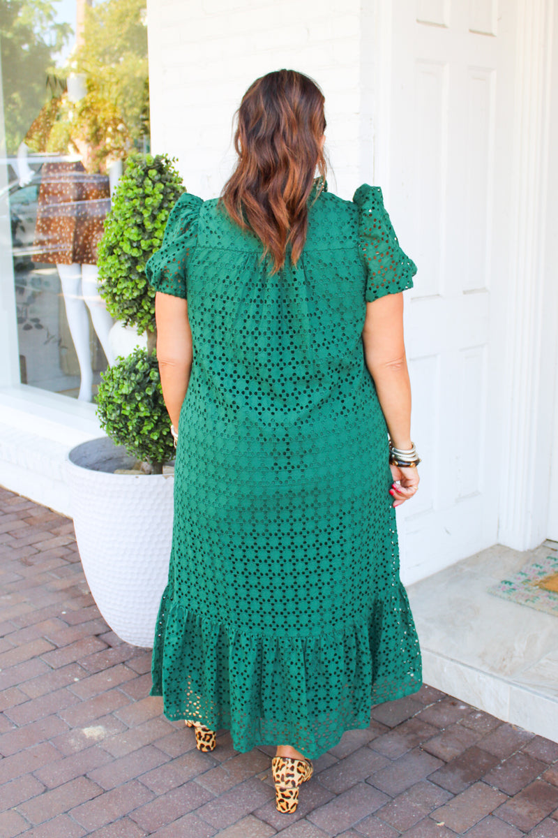 Eyelet Perfection Dress in Hunter Green