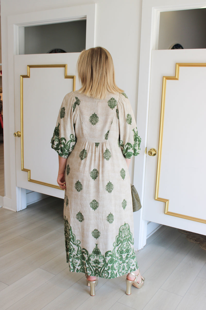 Emblems Print Maxi Dress in Sage