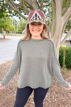 Ribbed Boat Neck Long Sleeve Oversized Sweater in Olive