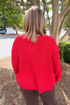 Oversized Knit Round Neck Balloon Sleeve Sweater in Ruby