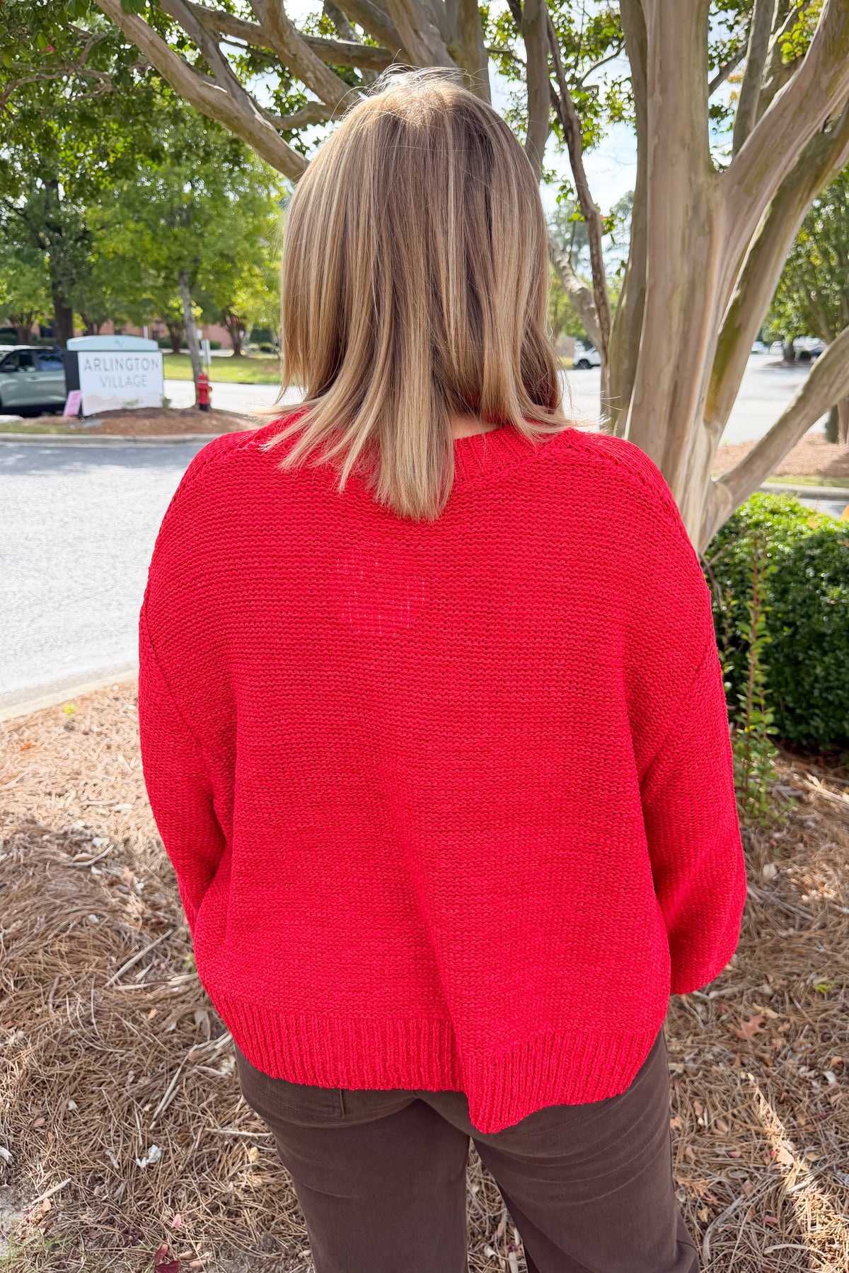 Oversized Knit Round Neck Balloon Sleeve Sweater in Ruby