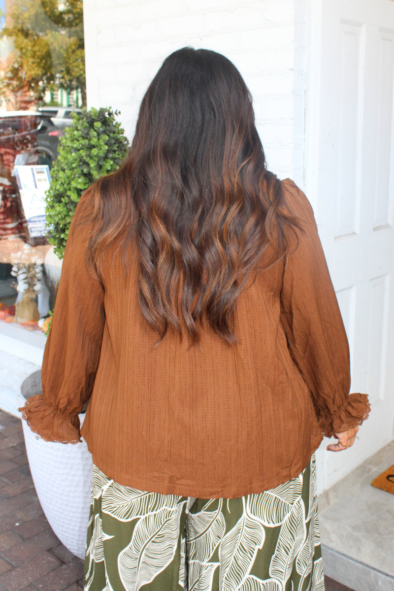 Easy Essential Button Down Puff Sleeve Top in Almond