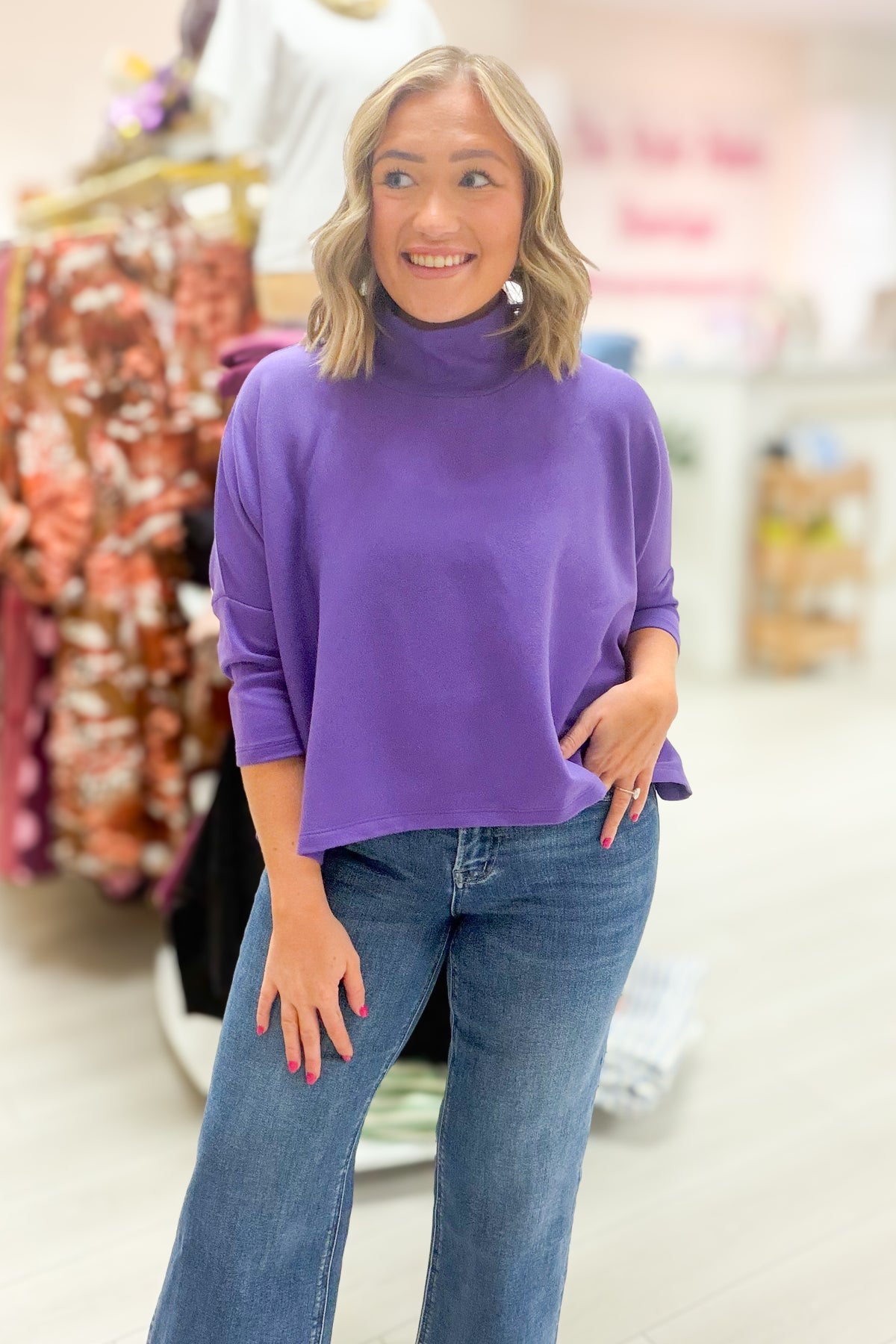 Simple Sway Boxy Mock Neck Top - Purple