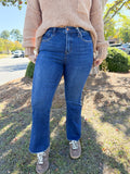 High Rise Dark Wash Raw Hem Kick Flare Denim | VERVET
