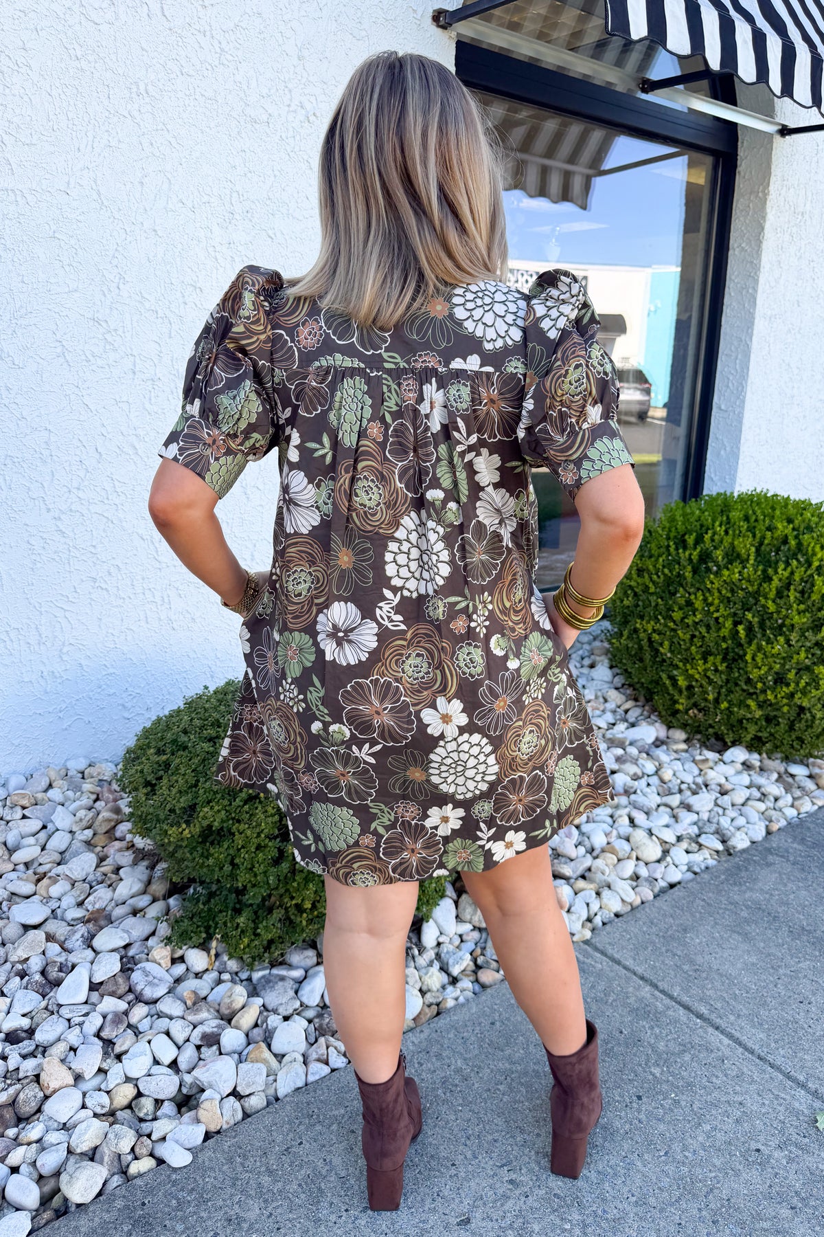 Floral Short Puff Sleeve Mini Dress in Brown