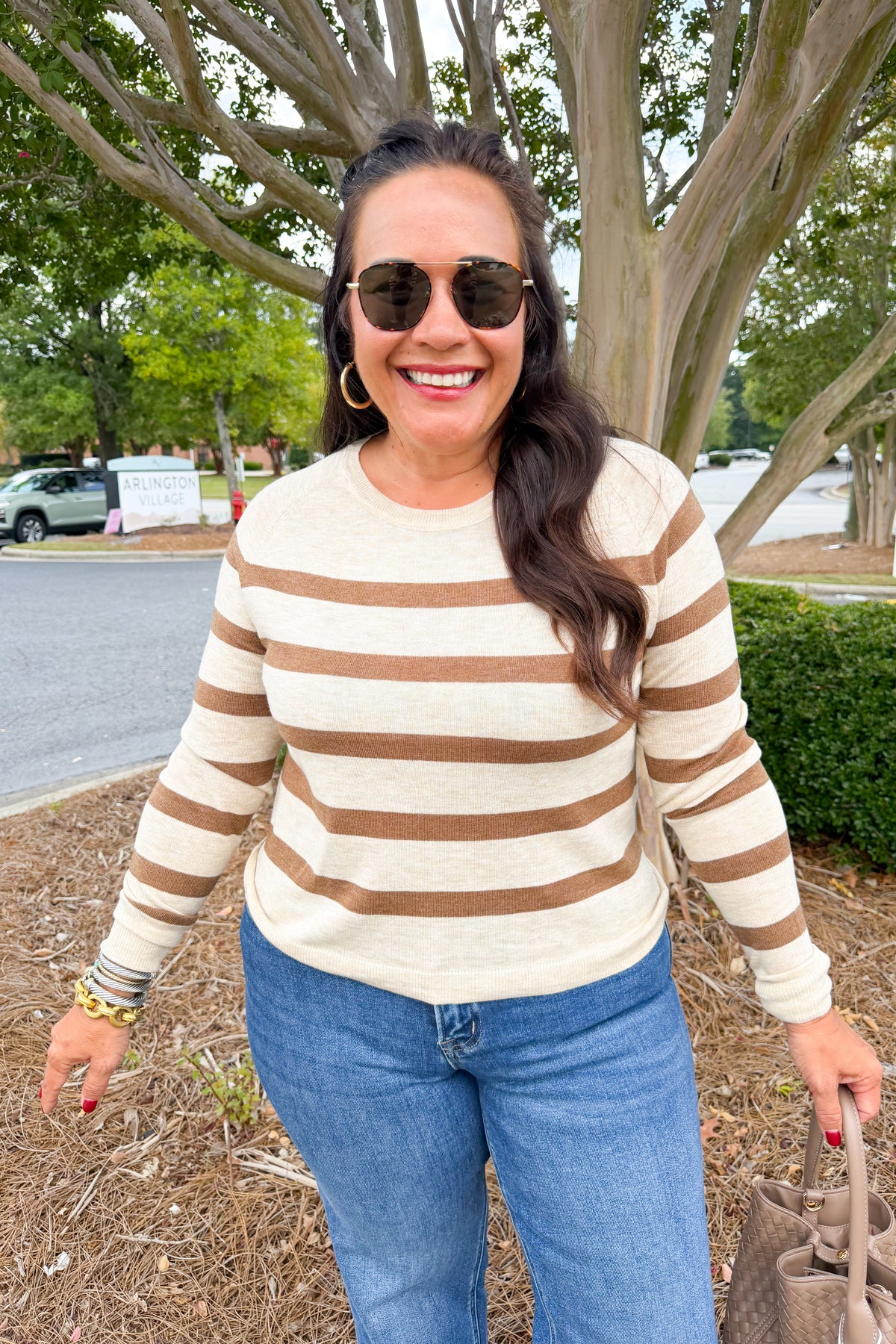 Striped Lightweight Wool Long Sleeve Round Neck Sweater in Mocha