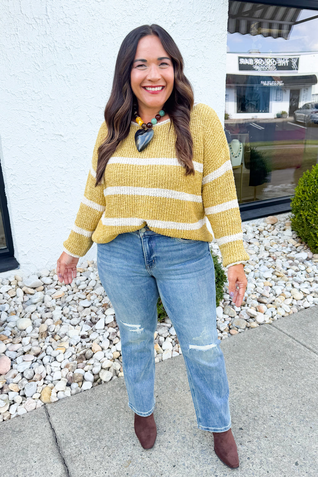 Striped Lightweight Knit Round Neck Sweater in Ginger/Oatmeal
