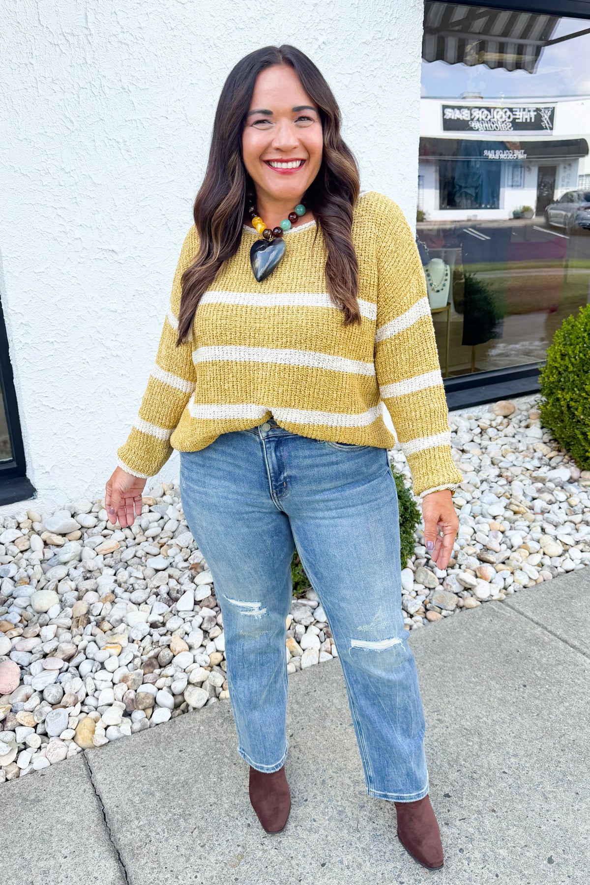 Striped Lightweight Knit Round Neck Sweater in Ginger/Oatmeal