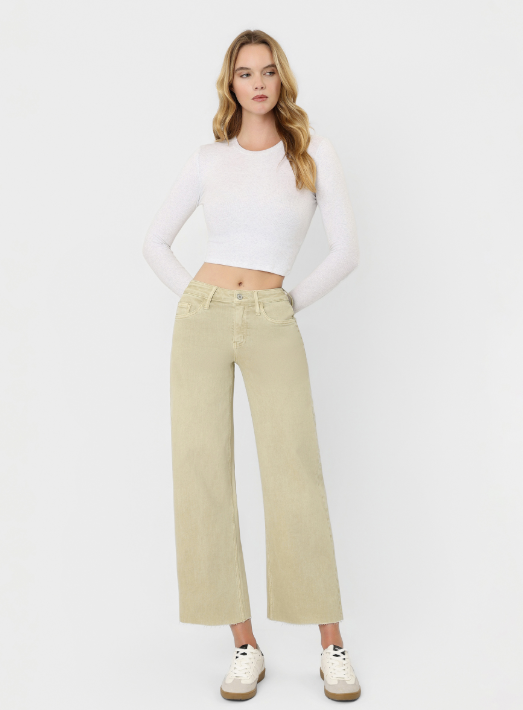 High Rise Olive Color Crop Wide Leg Jeans Vervet