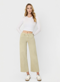 High Rise Olive Color Crop Wide Leg Jeans Vervet