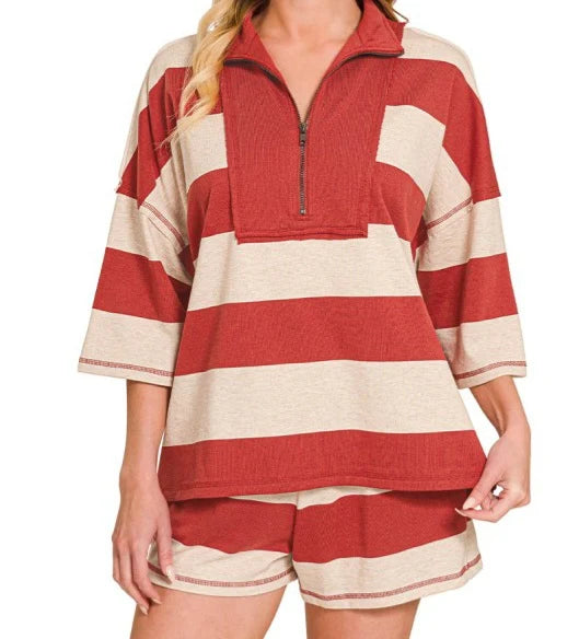 Terry Striped Half Zip & Shorts Set in Rust