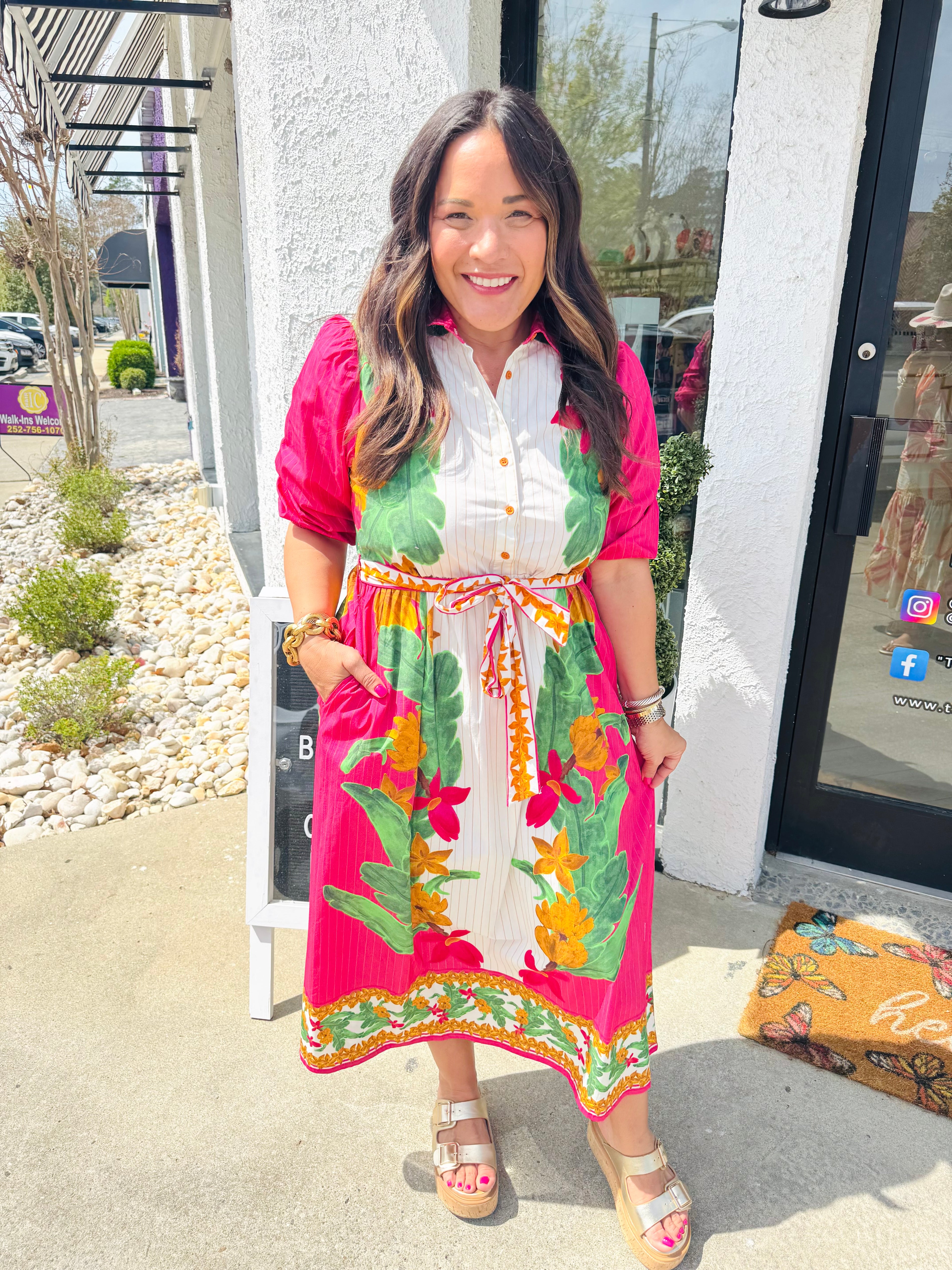 Remi Dress in Striped Bananas | MAUDE