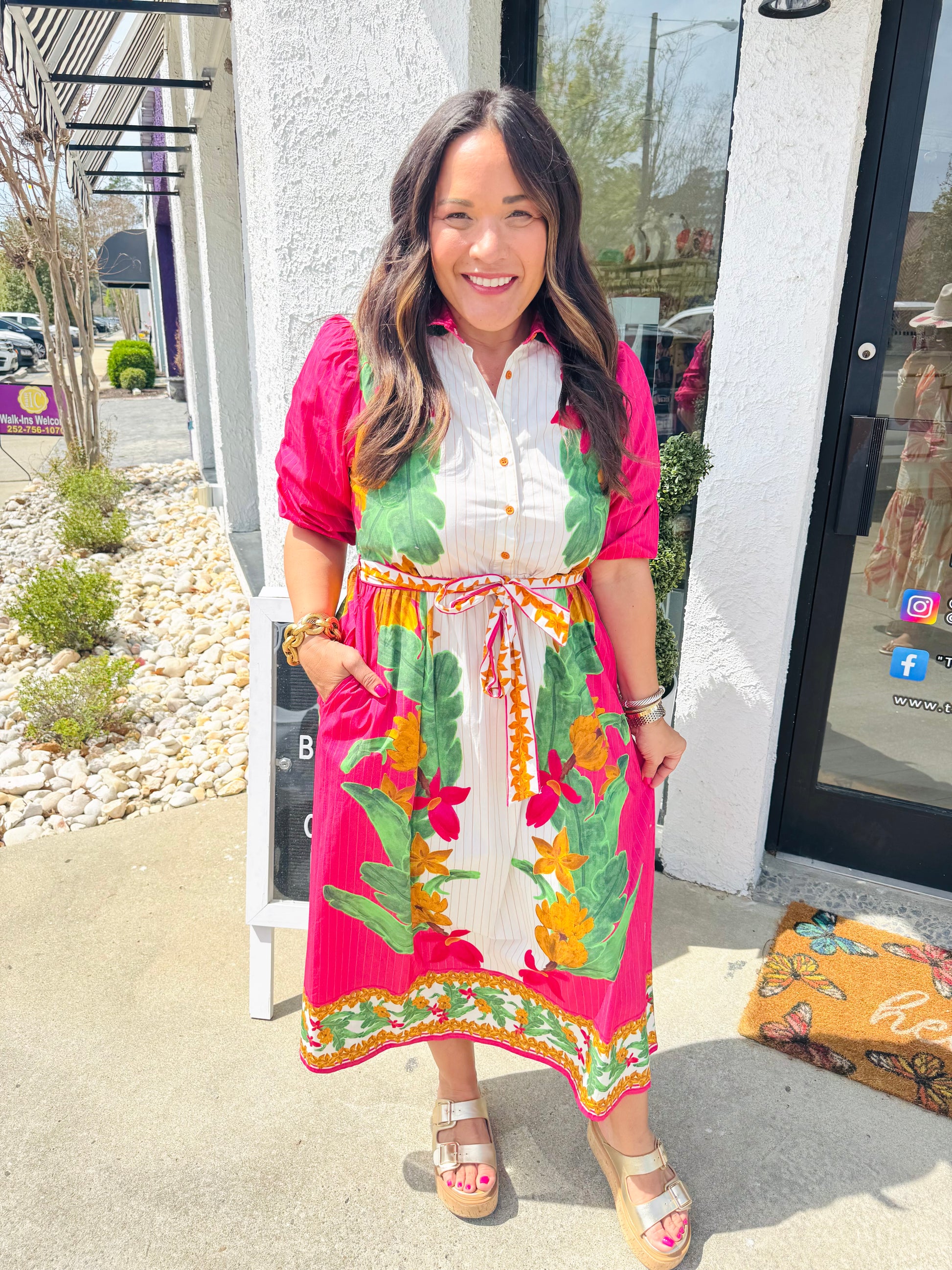 Remi Dress in Striped Bananas | MAUDE