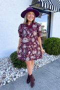 Floral Stand Collar Puff Sleeve Mini Dress in Wine