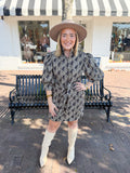 Ruffle Neck Printed Puff Sleeve Stripe Mini Dress in Brown
