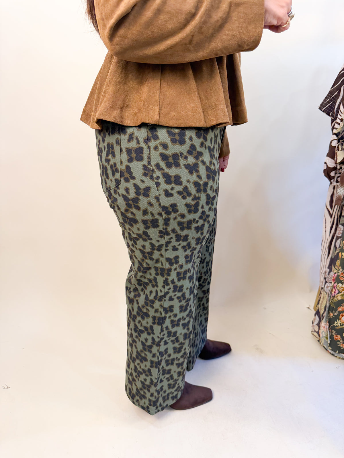 Animal Print Wide Leg Denim in Olive