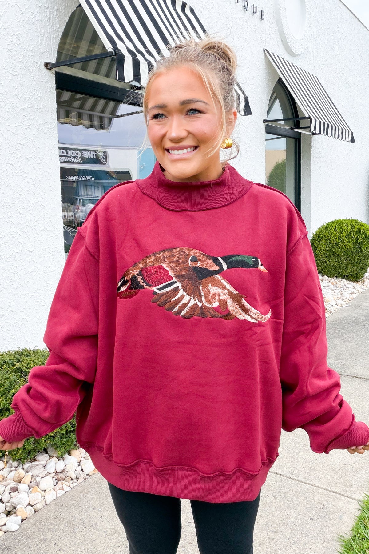 Flying Mallard Embroidered Mock Neck Sweatshirt - Burgundy